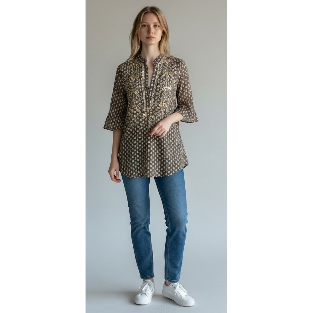 Figue Women XXS Brown White Block Print Sequin Embellished Tunic Top Boho V-Neck
